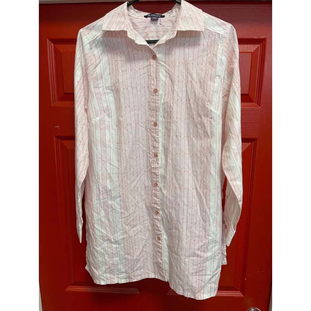 Roamans Womens 14W Button Down Tunic Top Coral White Geometric Long Sleeve Shirt